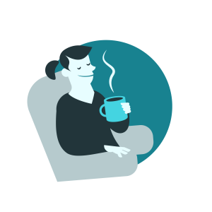 A woman sitting in a chair holding a coffee cup with steam coming out of it